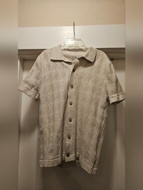 J. Crew Short-sleeve cotton polo cardigan sweater in geometric cable-knit